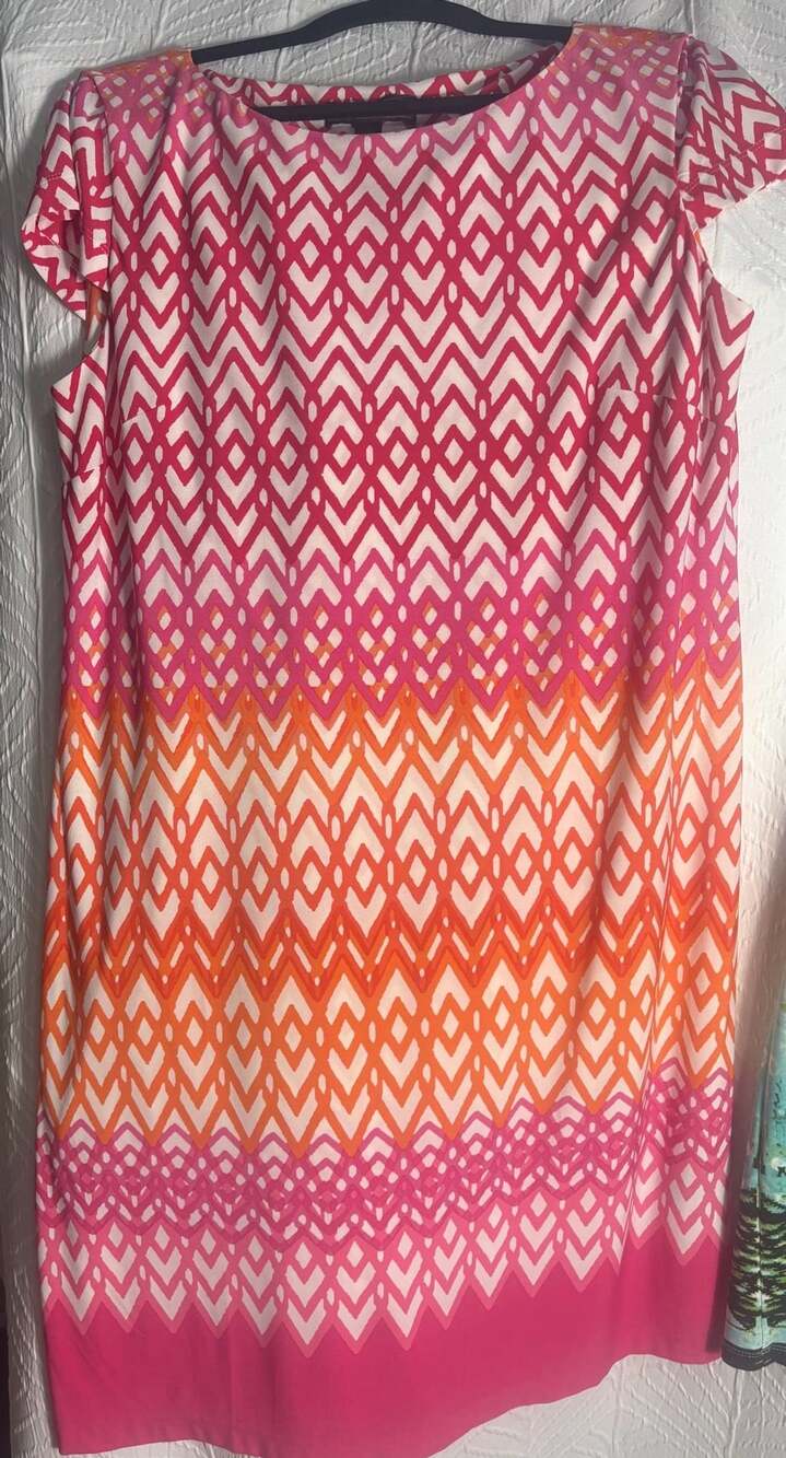 Jessica Howard Chevron Print Dress Size L/G Pink Orange Cap Sleeve